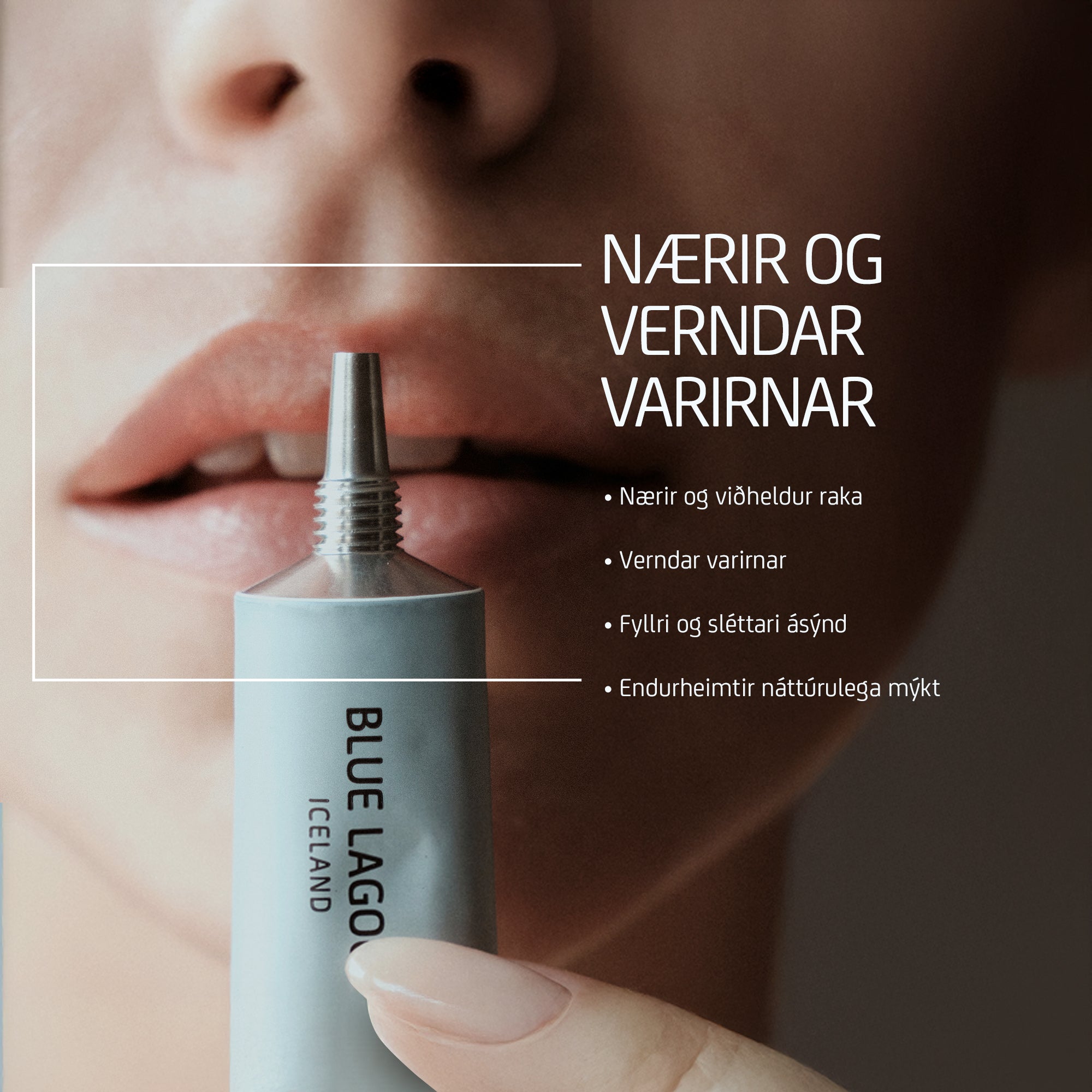 Nærmynd af vörum fyrirsætu með náttúrulegum gljáa