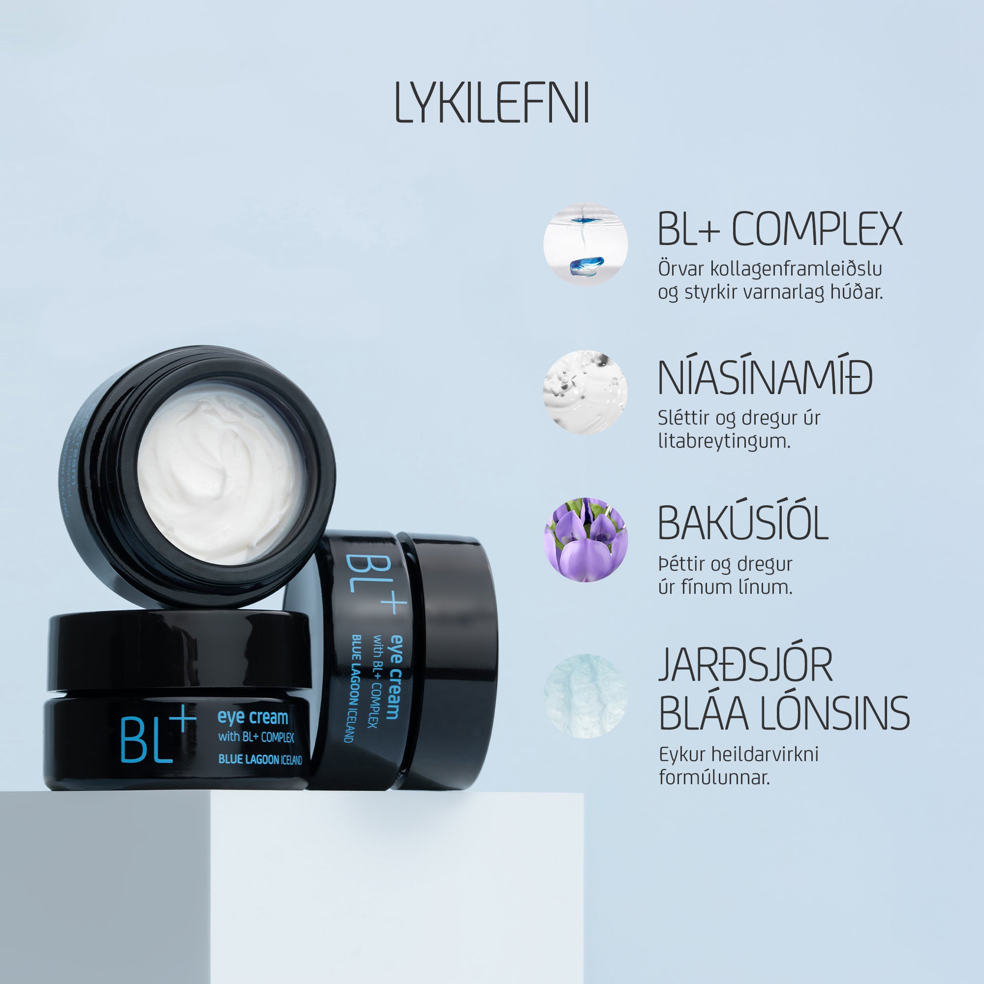BL+ Eye Cream með sjónrænum áherslum sem draga fram lykilinnihaldsefni