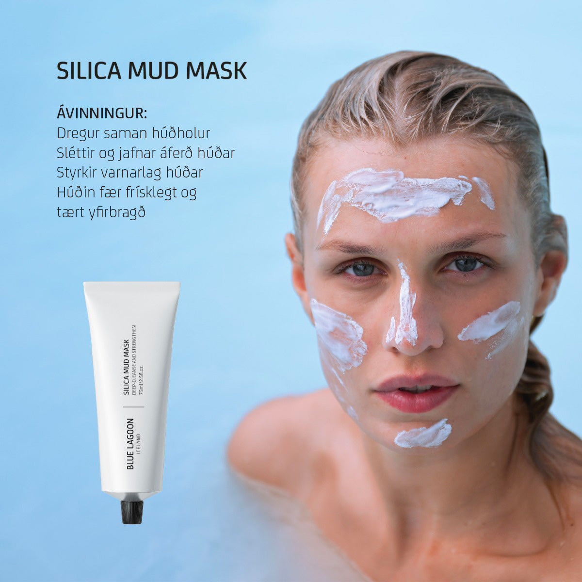Fyrirsæta með Silica Mud Mask á andliti ásamt upplýsingum um ávinning vörunnar