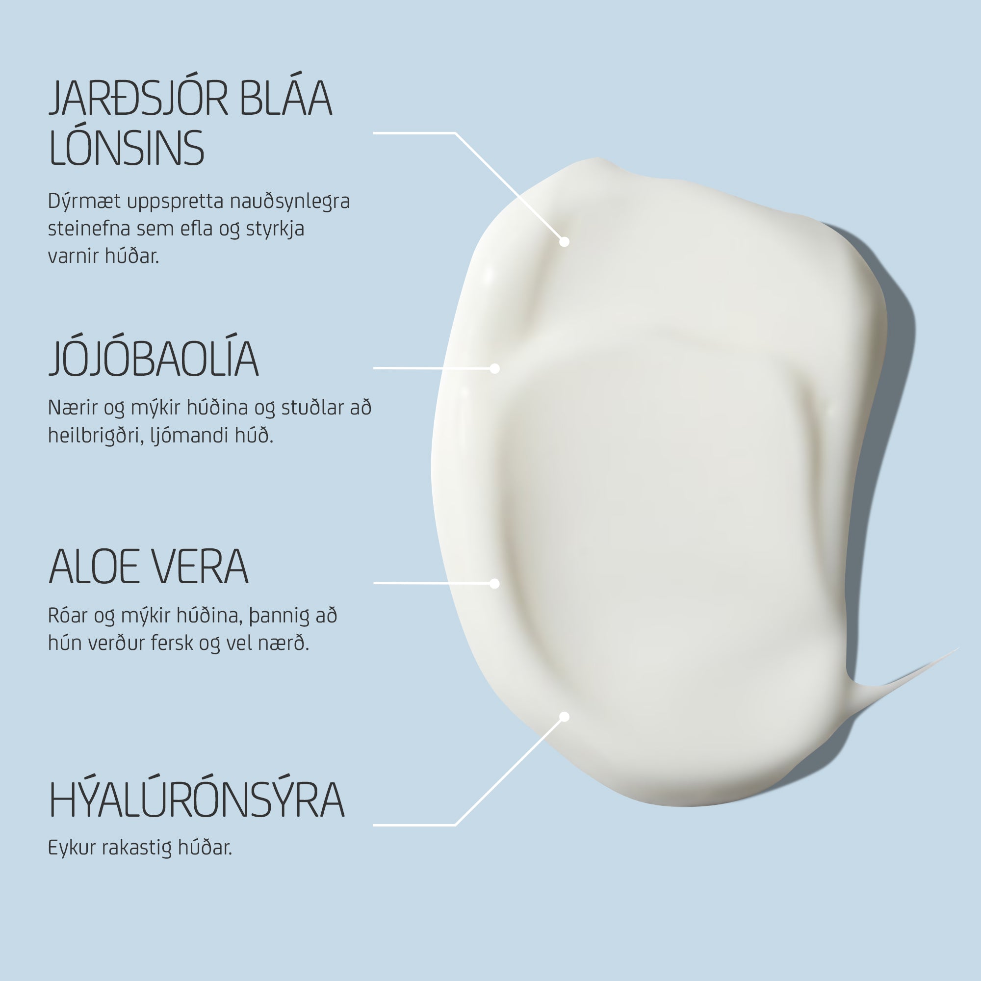 Innihaldsefnamynd sem sýnir áferð Mineral Mask með áherslu á lykilþætti og formúlu
